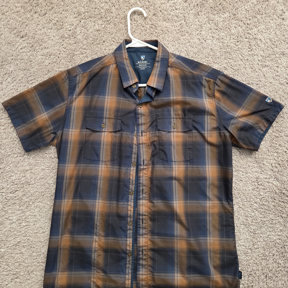 Kuhl Men's Navy and Tan Plaid Button Down Shirt